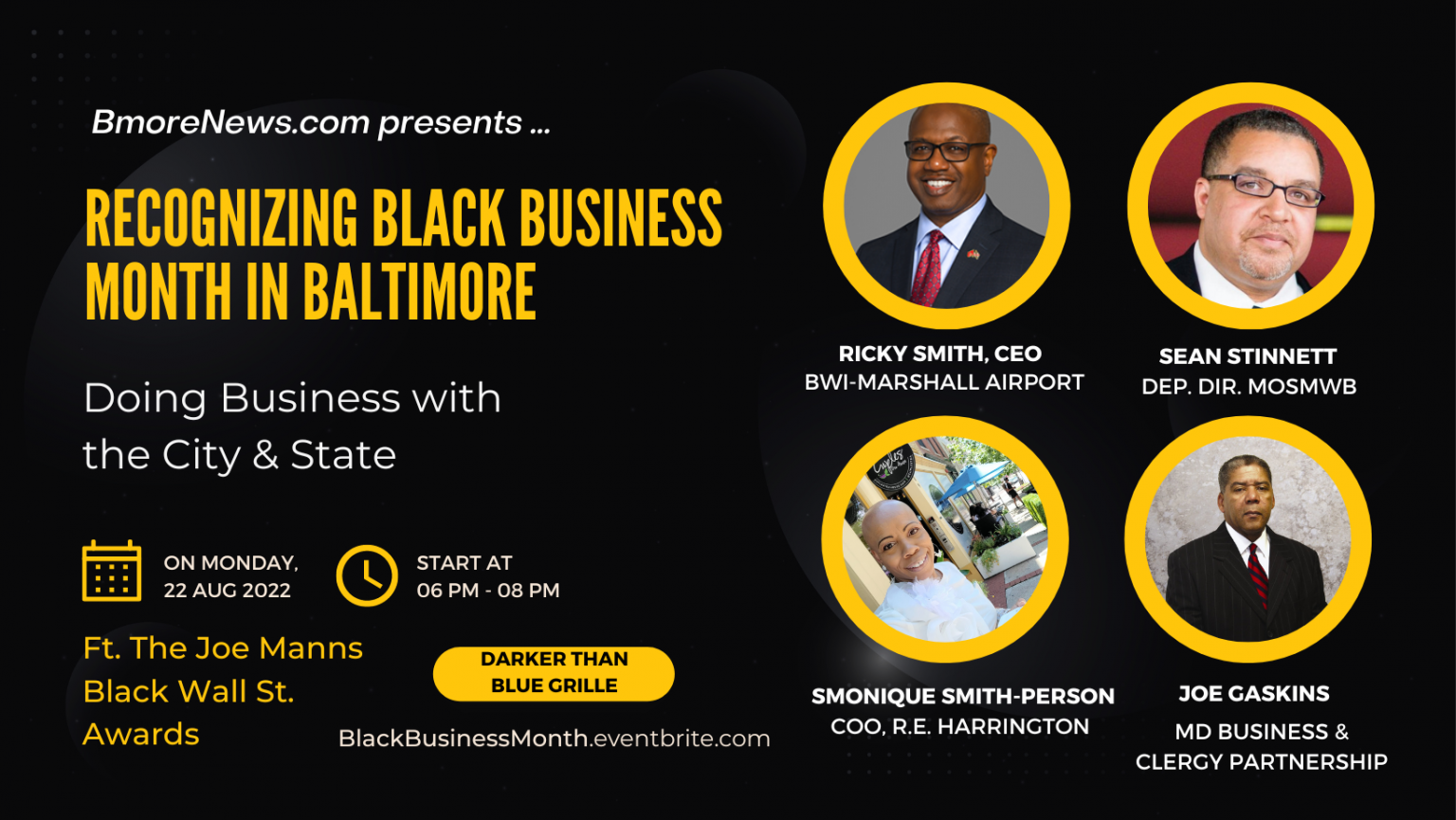 BmoreNews.com presents “Recognizing Black Business Month in Baltimore” on Aug. 22, 2022 (6-8p), Darker Than Blue Grille