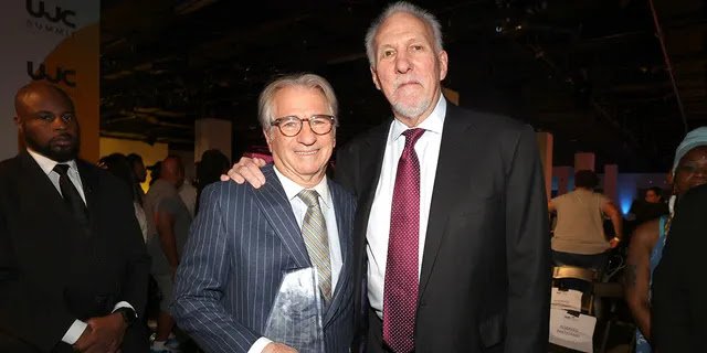 Award recipient Barry Scheck and Gregg Popovich pose for a photo together as United Justice Coalition hosts Inaugural Social Justice Summit with acclaimed activists, entertainers, attorneys, experts and more at Center415 on July 23, 2022 in New York City. (Shareif Ziyadat for United Justice Coalition)