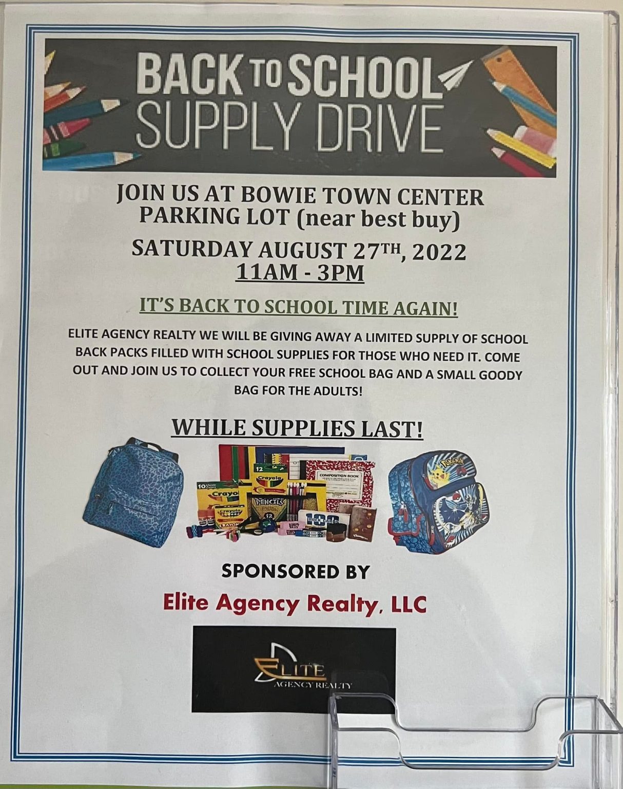Bowie Back-to-School Drive, Aug. 27th at Elite Agency Realty Bowie Back-to-School Drive, Aug. 27th at Elite Agency Realty