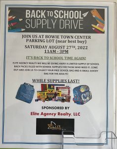 Bowie Back-to-School Drive, Aug. 27th at Elite Agency Realty