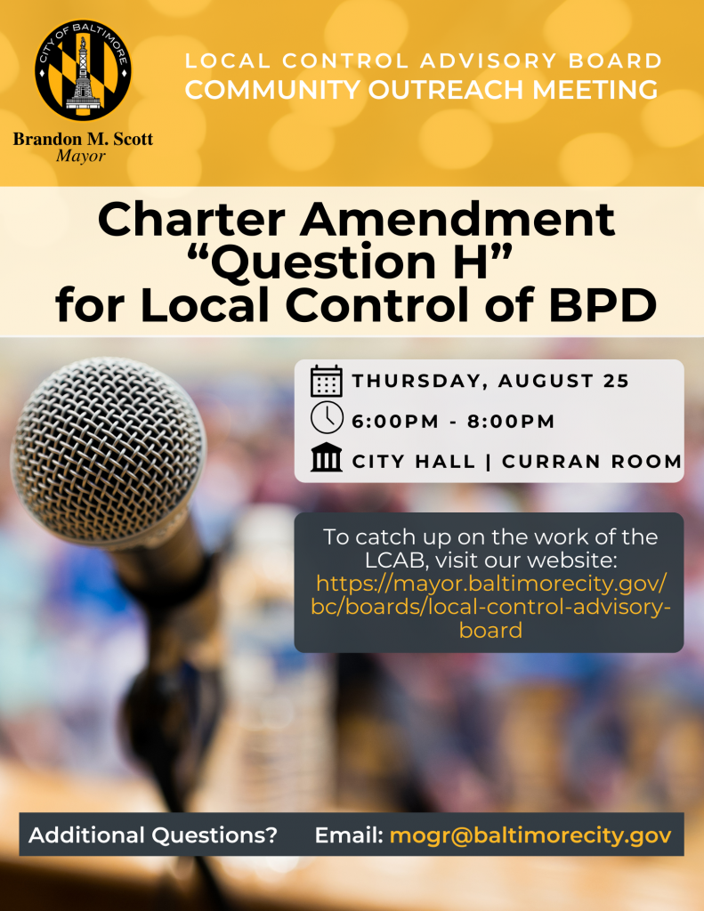 THURSDAY at 6 pm: Question H for Local Control of BPD at City Hall