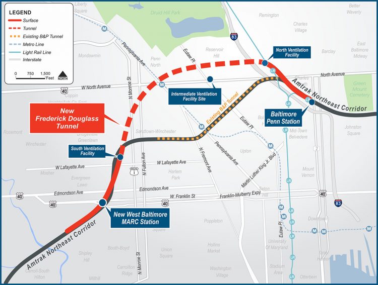 The B&P Tunnel Replacement Program (the Program) will modernize and transform a four-mile section of the Northeast Corridor. It includes two new high-capacity tubes for electrified passenger trains, new roadway and railroad bridges, new rail systems and track, and a new ADA-accessible West Baltimore MARC station.