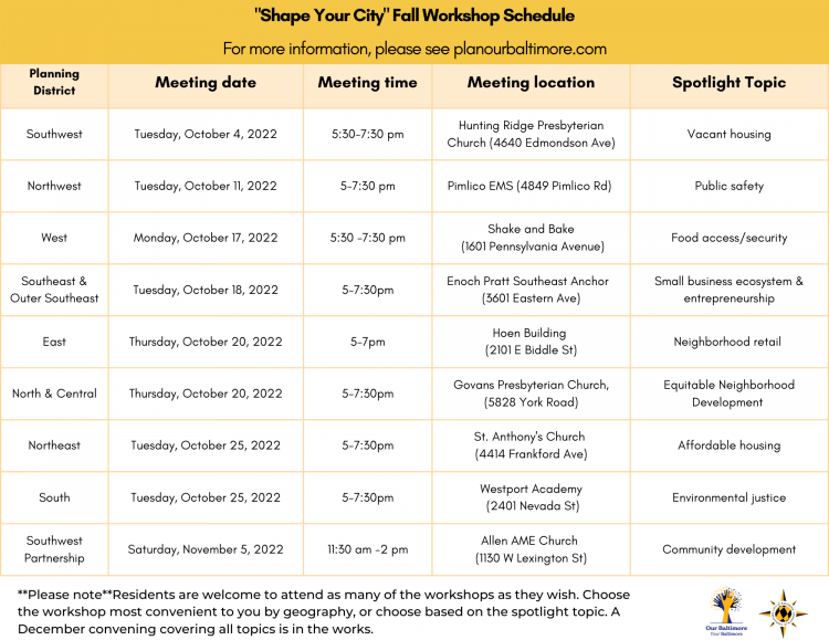 Baltimore 'Shape Your City' Workshop Schedule