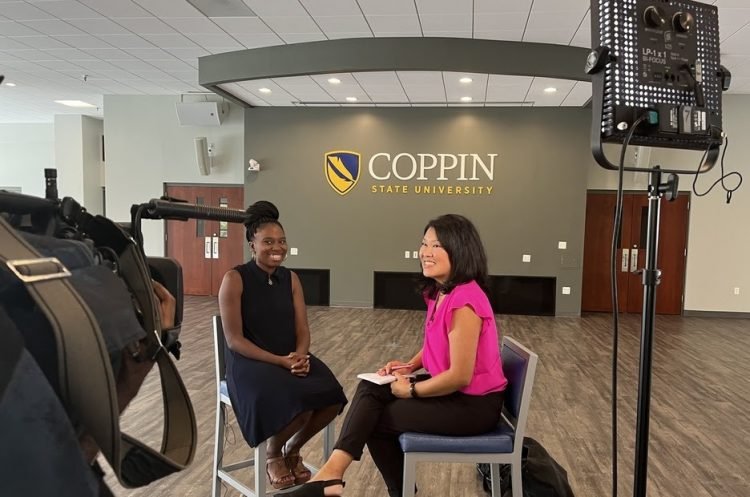 Behind the scenes: Wyletta Gamble-Lomax, Ph.D. (left) with Maryland Public Television Reporter, Nancy Yamada (right)