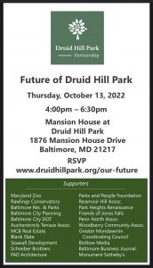 The Future of Druid Hill Park, Oct. 13 (4-6:30 pm), Mansion House
