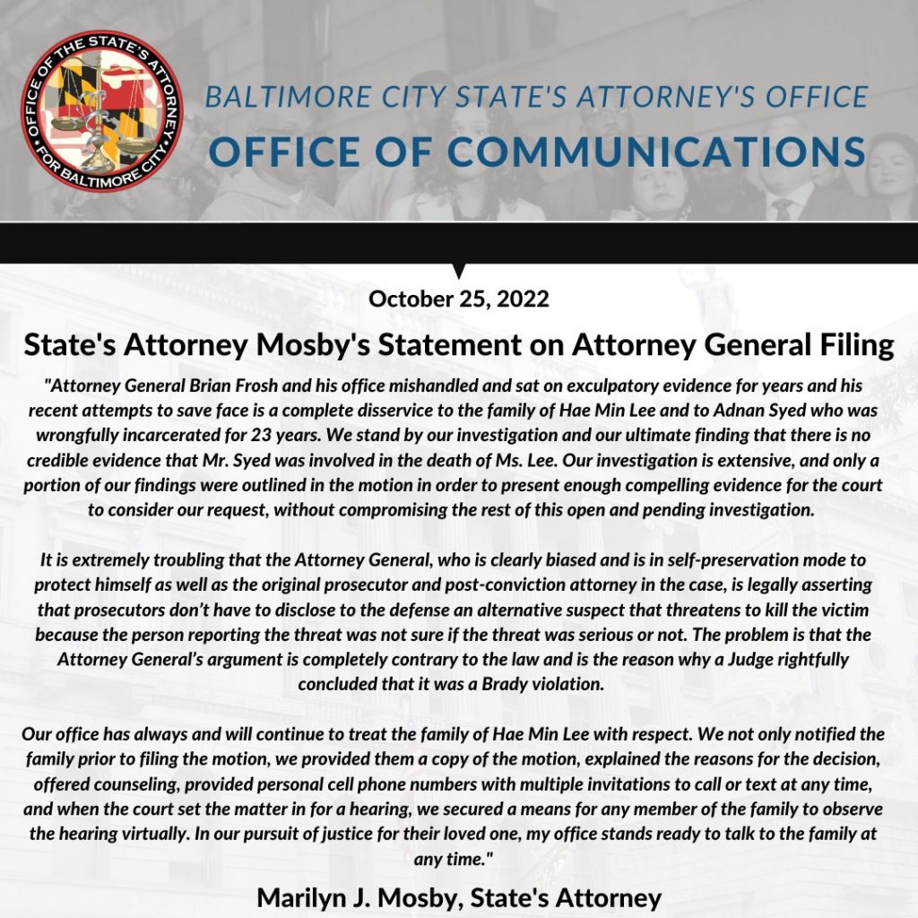 State’s Attorney Mosby’s Statement on Attorney General Filing