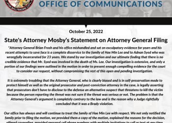 State's Attorney Mosby's Statement on Attorney General Filing