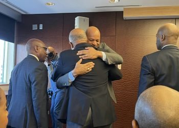 Gov. Wes Moore, a Rhodes Scholar, and his mentor, former Mayor Kurt Schmoke, also a Rhodes Scholar. Morgan State Pres. Dr. David Wilson (L) and Coppin State Pres. Dr. Anthony Jenkins (R) look on.
