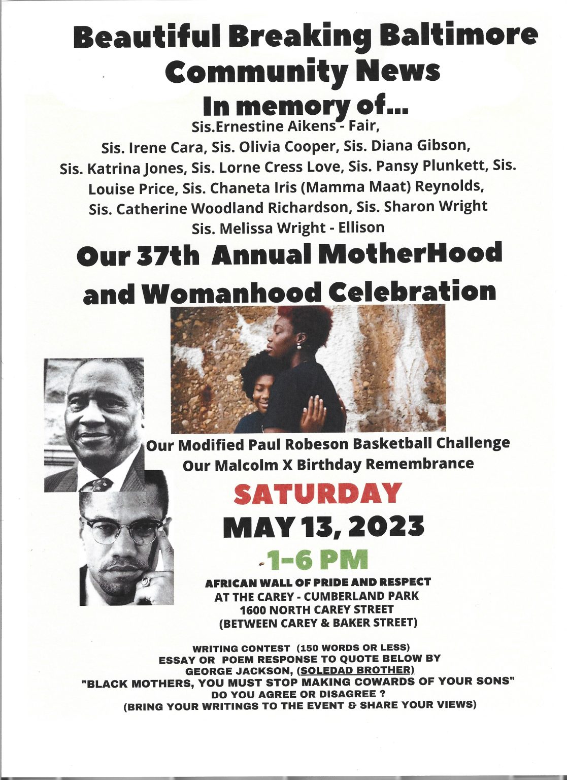 Our 37th Annual Motherhood & Womanhood Celebration, May 13th, 1-6 pm, Wall of Pride (SANDTOWN) Our 37th Annual Motherhood & Womanhood Celebration, May 13th, 1-6 pm, Wall of Pride (SANDTOWN)