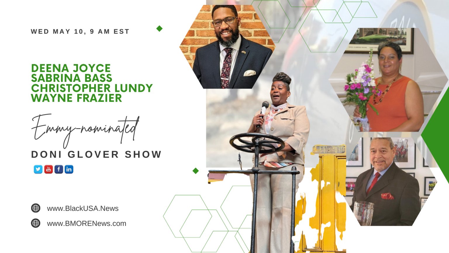 Deena Joyce, Sabrina Bass, Christopher Lundy, & Wayne Frazier on Emmy-nominated Doni Glover Show, May 5th, 9 am EST