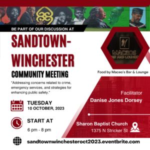 Sandtown-Winchester Community Meeting Tue, Oct 10, 2023, 6 pm at Sharon Baptist Church