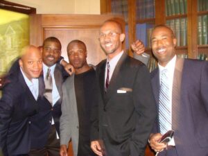 Wes Moore (leaning in), Rodney C Burris and other friends from college, a few years after graduating from The Johns Hopkins University