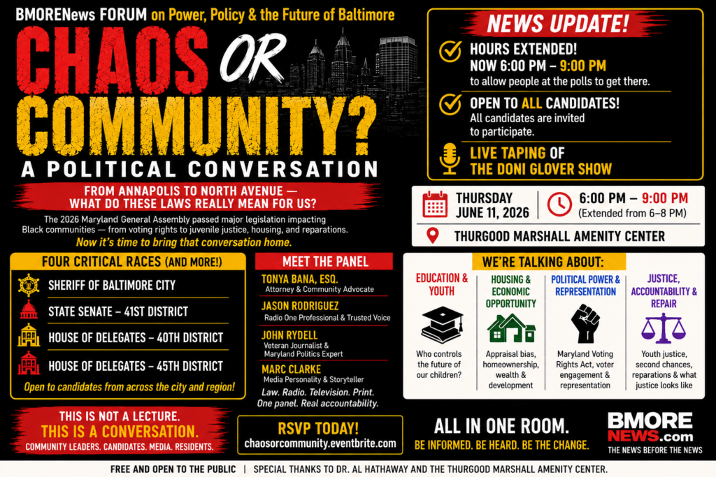BMORENews Expands “Chaos or Community?” Forum; Extends Hours and Opens Event to All Candidates BMORENews Expands “Chaos or Community?” Forum; Extends Hours and Opens Event to All Candidates
