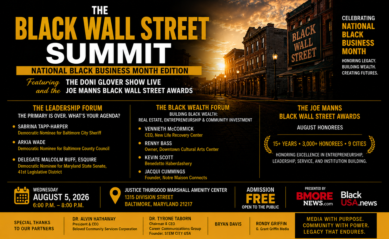 bmorenews.com - Doni Glover - Black Wall Street Summit: National Black Business Month Edition Comes to Baltimore with Doni Glover Show LIVE & Joe Manns Black Wall Street Awards