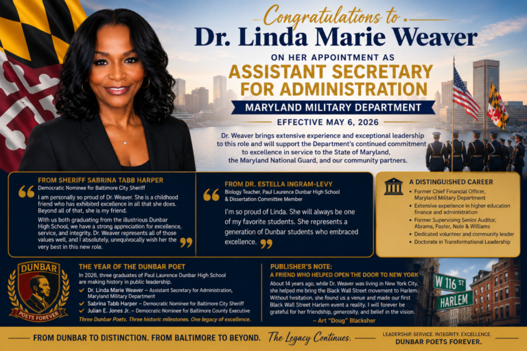 Dr. Linda Marie Weaver Appointed Maryland Military Department Assistant Secretary; Dunbar Alumna Joins Fellow Poets in Landmark 2026 Dr. Linda Marie Weaver Appointed Maryland Military Department Assistant Secretary; Dunbar Alumna Joins Fellow Poets in Landmark 2026